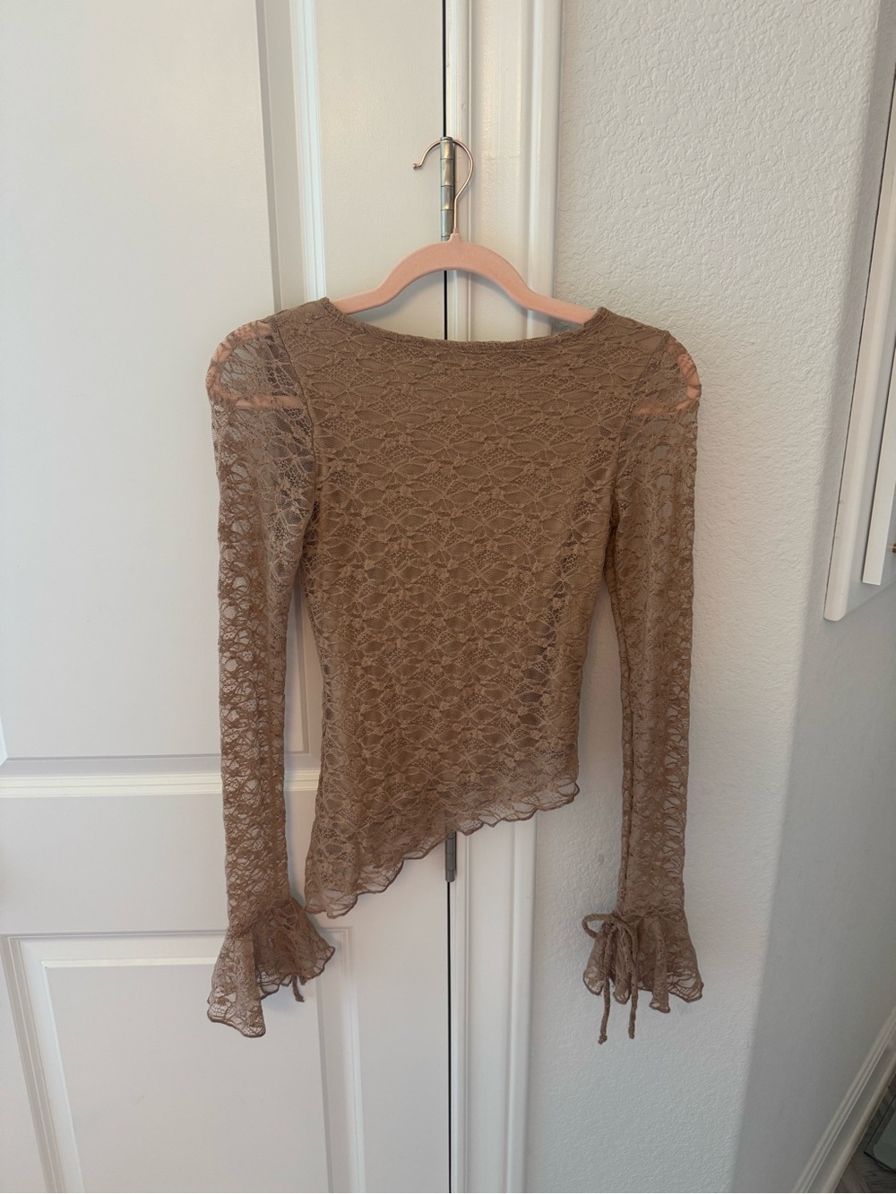 See You Monday Taupe Lace Asymmetrical Ruffle Cuff Top
